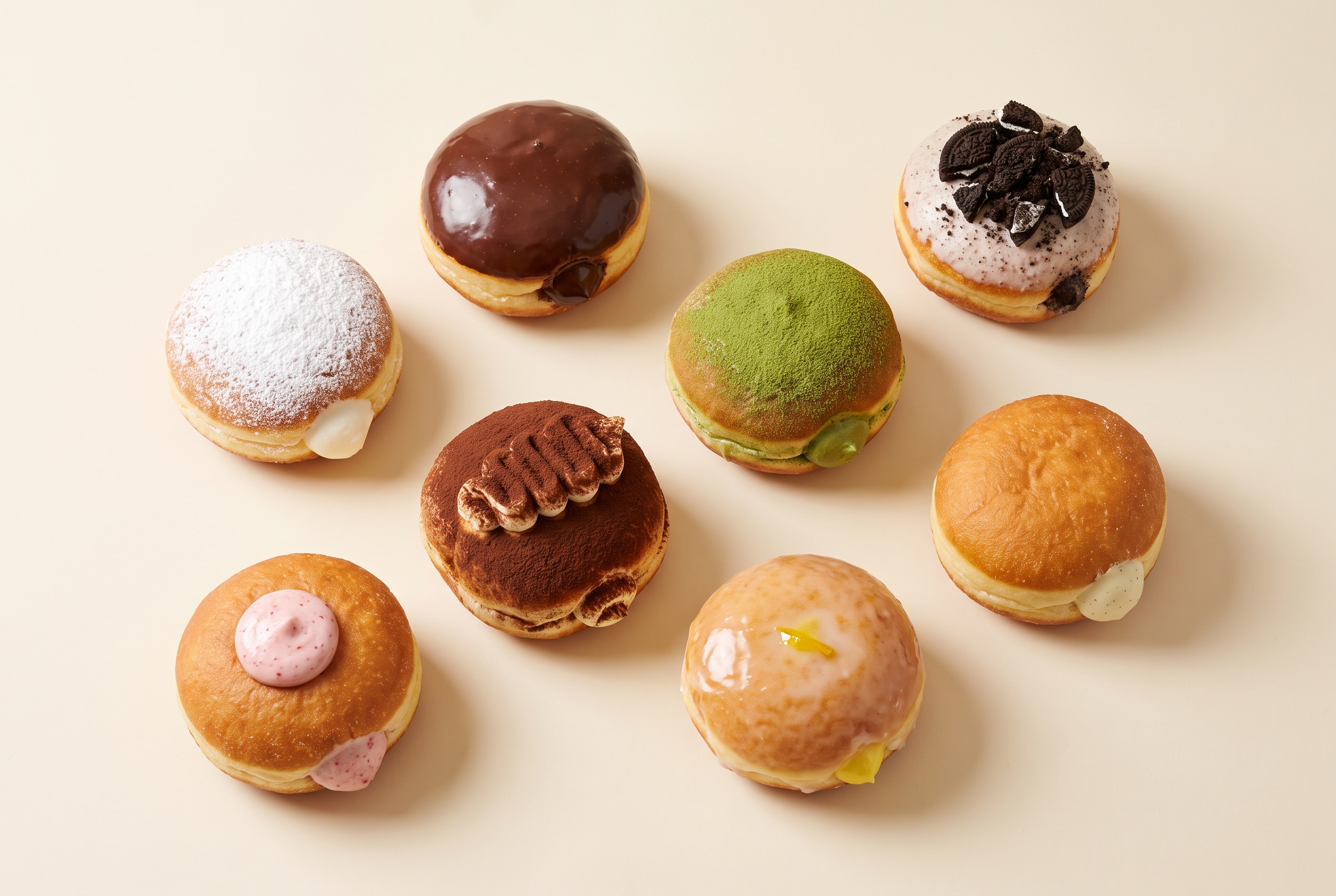 An assortment of Greedy Donut cream-filled donuts
