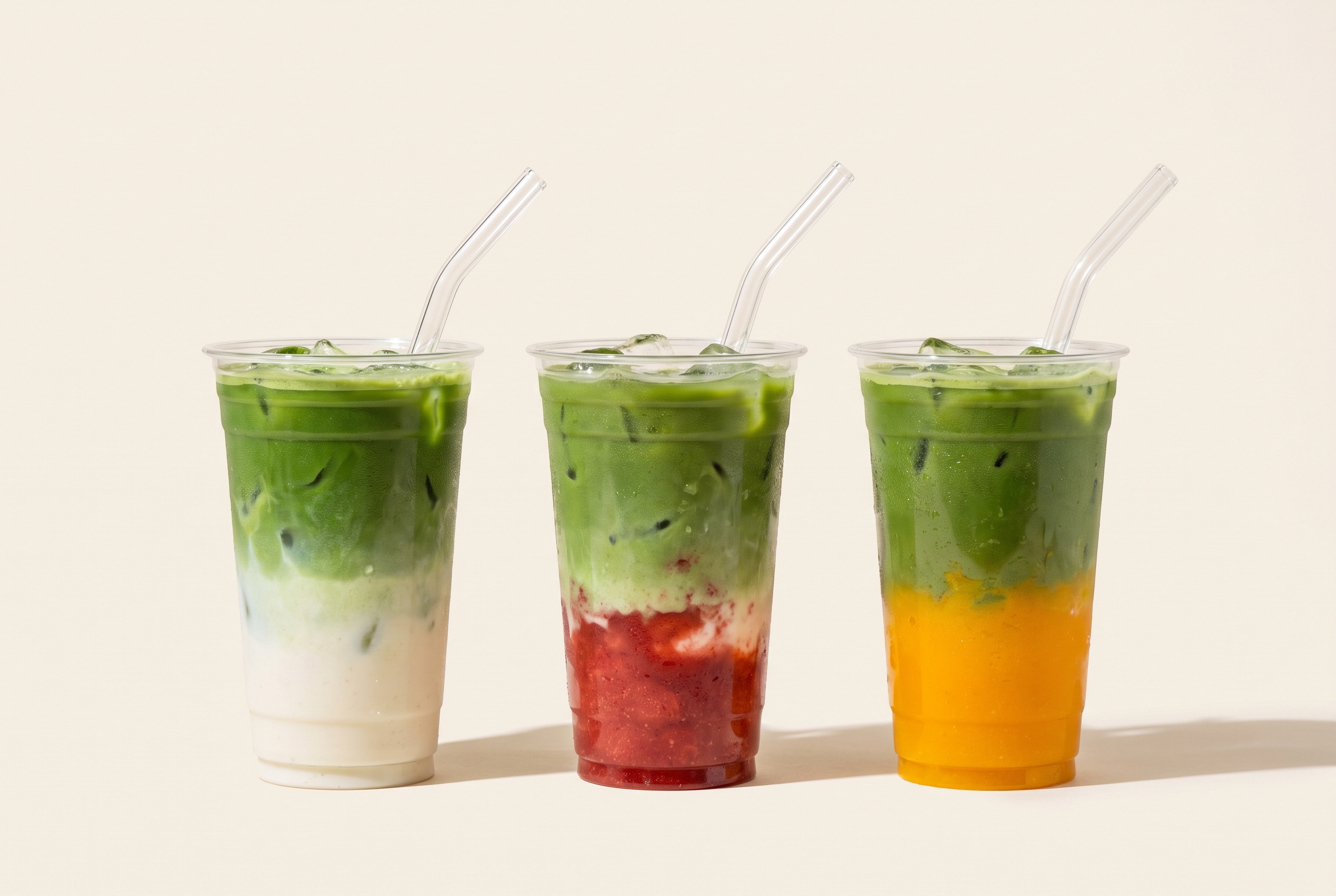 Three layered iced matcha drinks — cream, strawberry and mango